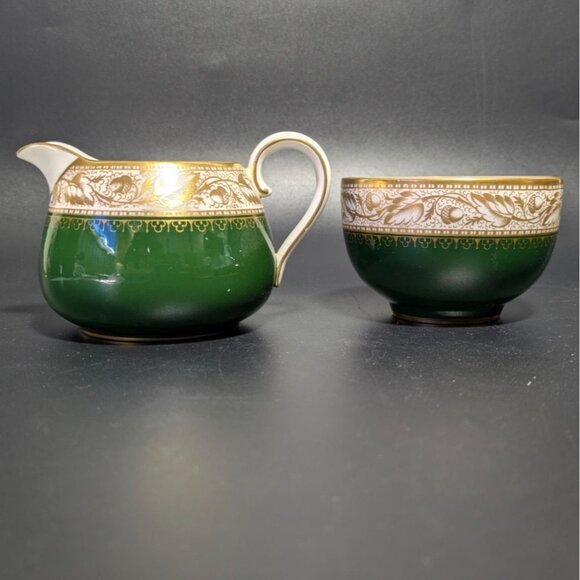 Vintage Spode Green Gold Creamer Sugar Bowl Set Fine Bone China Elegant Design - Picture 1 of 16